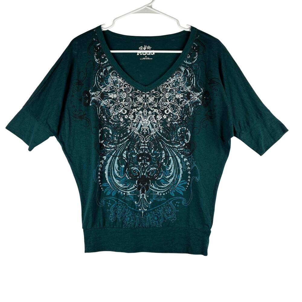 Mudd Top Women's Medium Dark Teal Dolman Sleeve Y2K Graphic Grunge Casual
